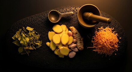 A dark, artistic display of dried lime leaves, sliced ginger, galangal, and shallots with a brass mortar and pestle on a black stone.