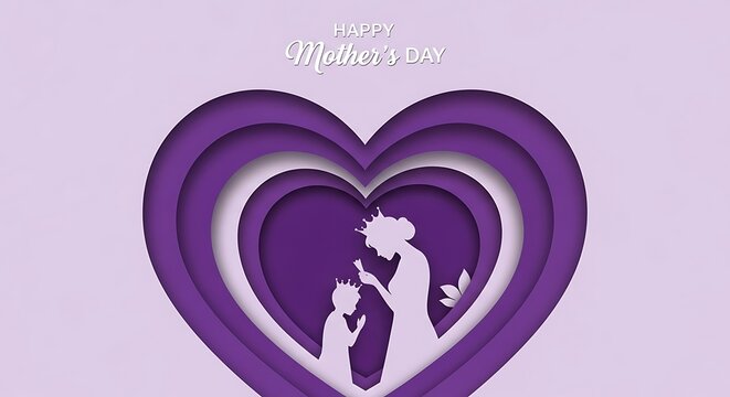 Happy Mothers Day Paper Cut Style Heart with Mother and Child Silhouettes. - Powered by Adobe
