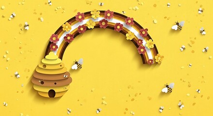 Honey Bee Hive and Rainbow with Flowers on Yellow Background.