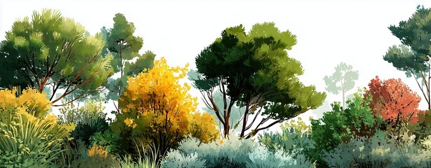 Watercolor style, Collection of decorative flat shrubs and panoramic view of garden shrubs and small trees