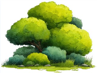 Watercolor style, Collection of decorative flat shrubs and panoramic view of garden shrubs and small trees