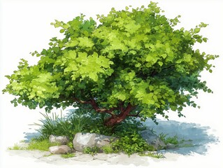 Watercolor style, Collection of decorative flat shrubs and panoramic view of garden shrubs and small trees