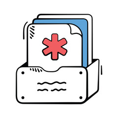 Hand drawn icon of a patient�s medical file with a red cross.