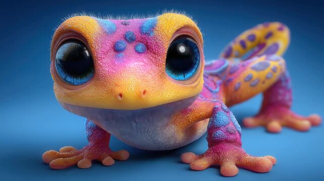 A brightly colored cartoon gecko with large blue eyes, posed against a vibrant blue backdrop