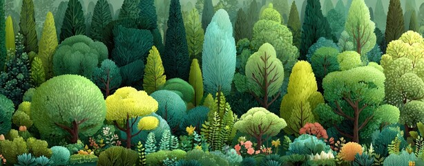 Watercolor style, Collection of decorative flat shrubs and panoramic view of garden shrubs and small trees