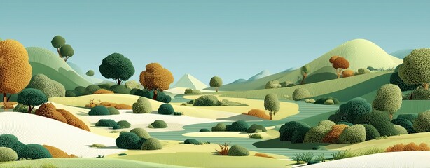Watercolor style, Collection of decorative flat shrubs and panoramic view of garden shrubs and small trees