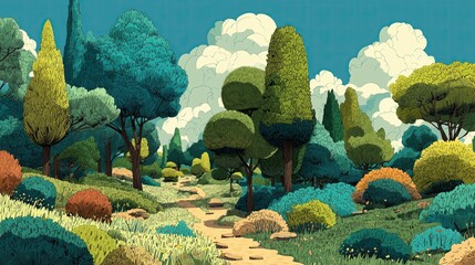 Watercolor style, Collection of decorative flat shrubs and panoramic view of garden shrubs and small trees