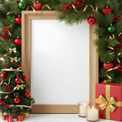 Festive christmas wreath frame with pine, red bows and gold baubles creating decorative holiday border