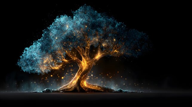 Luminous tree glows with mystical blue and golden light.