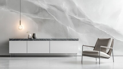Modern interior, marble wall, cabinet, chair