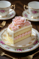 A luxurious slice of rolled sponge cake designed to resemble fine porcelain, embellished with intricate rose patterns in soft blush and gold tones, delicate golden filigree details, and crowned with a