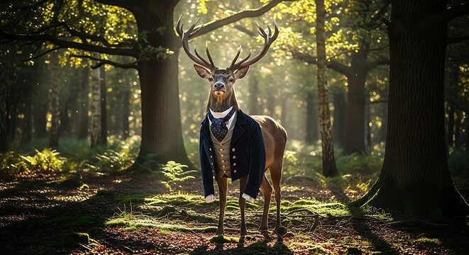 Majestic Deer in Formal Attire Amidst Forest Sunlight.