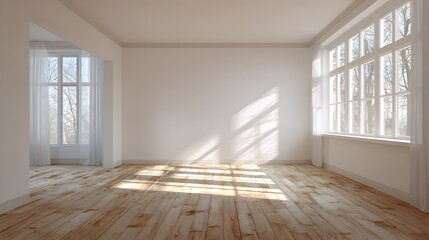 Obraz premium Bright, empty room with wooden floor and sunlit windows.