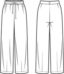 Pants front and back view, elastic waistband with drawstring, vertical seam lines, darts shaping back, cad drawing flat vector illustration