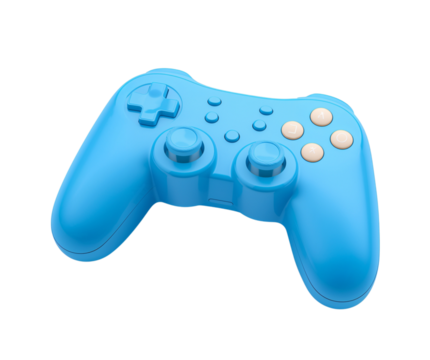 Close-up rendering of a vibrant blue gaming controller on a sleek black background showcases