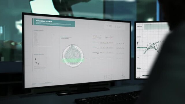 Working In Microbiology Software At Science Laboratory To Analyze Cells Material. Examining DNA Structure In Microbiology Software. Microbiology Software For Genetic Research. New Technologies.