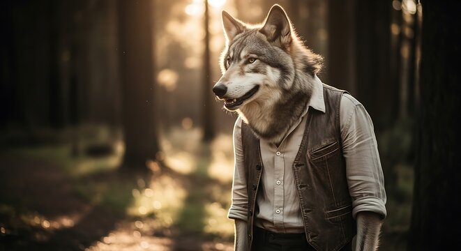 Majestic Wolf in Human Attire Standing in a Sunlit Forest.