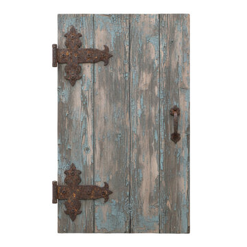 Old rustic wooden door with rusty iron hinges
