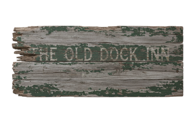 Old weathered wooden inn sign with peeling paint