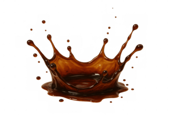 Coffee or chocolate liquid splashing, forming a crown shape with droplets flying, transparent background