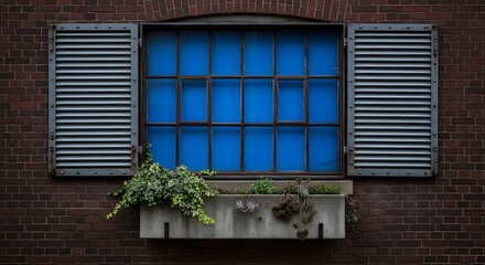 Old Window with Blue Glass and Open Shutters on a Brick Wall.