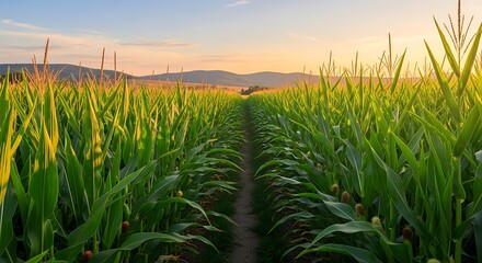 Fototapeta premium Lush green cornfield path stretching into the distance at sunset, framed by warm golden light and hills.