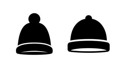 Fototapeta premium Two black silhouette beanies one with pom pom warm winter headwear fashion accessory simple icon graphic