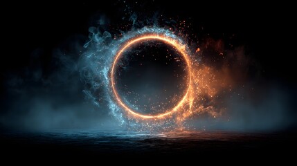 Naklejka premium Fiery portal with glowing energy and smoke swirls in dark atmosphere.