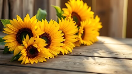 Vibrant sunflowers on a rustic wooden surface, bathed in warm natural sunlight with a soft blurred background.