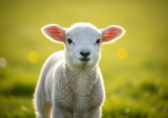 Fototapeta premium A fluffy white lamb stands in a sunlit green field, looking directly at the viewer with soft, innocent eyes and bright ears.