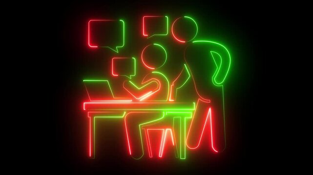 hree neon people sitting at a table with a speech bubble and Text icon with black background..
