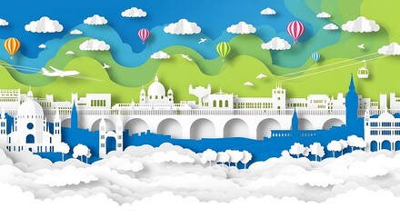 Paper Cut Style Cityscape with Hot Air Balloons and Clouds.