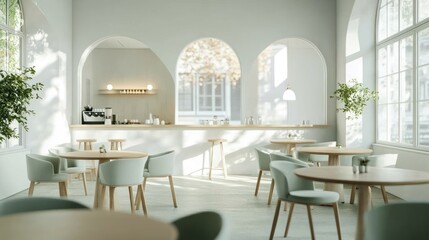 Empty cafe with tables and chairs, bright light, possible food and drinks use