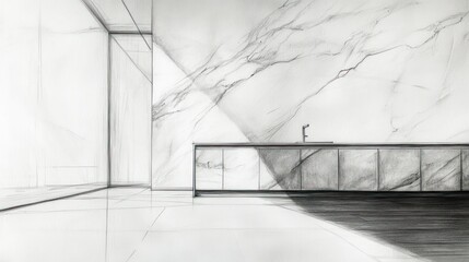 Interior sketch of kitchen with marble wall, cabinet, and shiny floor, for design