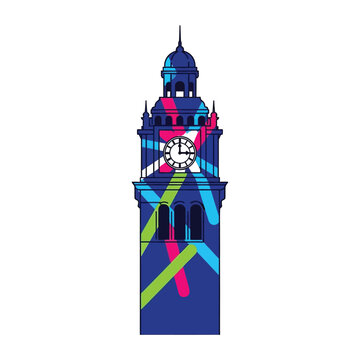 A blue clock tower with abstract neon-like colorful lines.