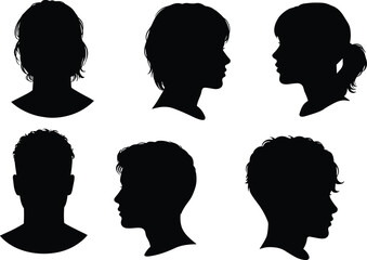 Silhouette profiles of diverse men and women, black head side view vector illustration, people portrait outline art design set
