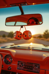 Reflection from rearview mirror in a muscle car with fuzzy orange dice dangling from the mirror reflect a face wearing skinny glasses, vibrant orange vinyl interior of a classic car glowing under nost