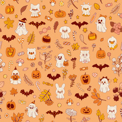 Fototapeta premium A sweet folk Halloween seamless wallpaper. Woodland ghosts, sweets, candies, pumpkins, animals in costumes, and bats are featured in this pattern. A floral botanical orange print features autumn leave