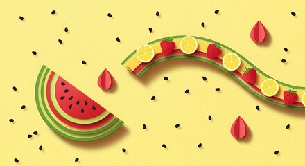 Papercraft Watermelon Slice and Fruit Garland on Yellow Background.