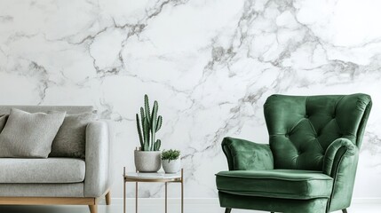 Room with couch and green armchair with plant table against marble wall use