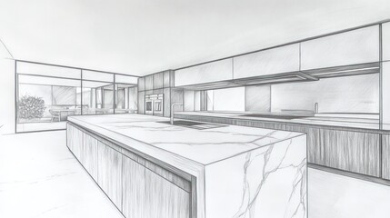 Modern Kitchen Design Sketch, Interior Design, Contemporary Kitchen, Architectural Drawing, Floor Plan, Open Concept,  Sketch,  Planning