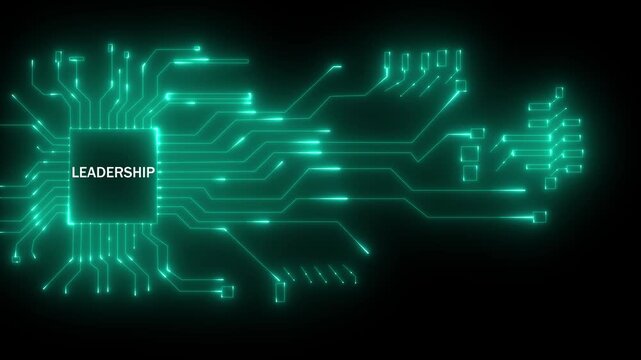 Digital retail technology circuit board with glowing neon lines and central processor chip displaying thetechnological expertise and innovation in a dark futuristic environment