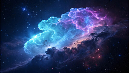 Fototapeta premium Majestic space nebula displaying flowing blue and purple cloud formations with scattered stars, evoking cosmic grandeur and astronomical magnificence throughout deep space.