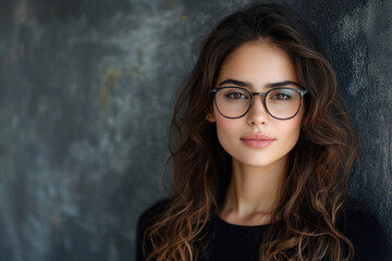 Captivating young woman with long wavy brown hair and stylish round glasses looks directly. Calm expression against dark textured wall background.