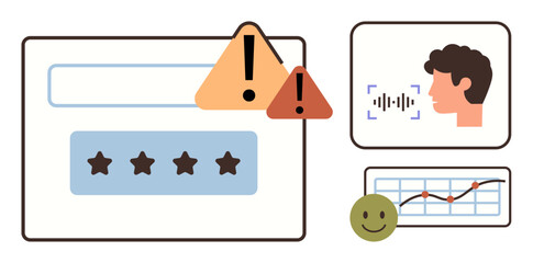 Password field with warning alerts, facial recognition interface, analytics graph, and feedback icon. Ideal for cybersecurity, authentication, data analysis, risk warnings, user feedback identity