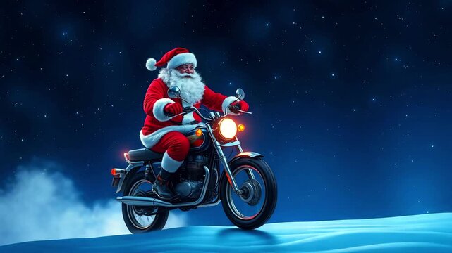 Santa Claus rides a motorcycle with headlight shining, along a road through snowy mountains, night sky background. Christmas Eve, kind Santa is in a hurry to give presents to the children