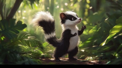 Skunk stands in sunlit forest, a wildlife image for nature and animal related projects