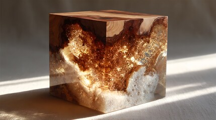 Cube art object with wood grain and gold flecks embedded in resin.