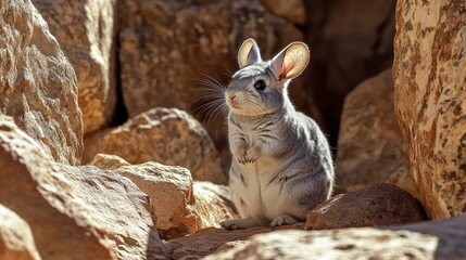 Chinchilla standing among rocks in a sunlit crevice with more rocks behind