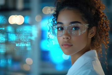 A determined young scientist in safety glasses and lab coat, amidst glowing blue futuristic digital interfaces, representing innovation and technology.
